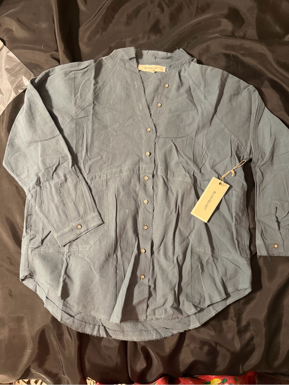NWT Blue Velvet Dusty Blue Raw Hem Button Down Shirt Style 8125BT Small